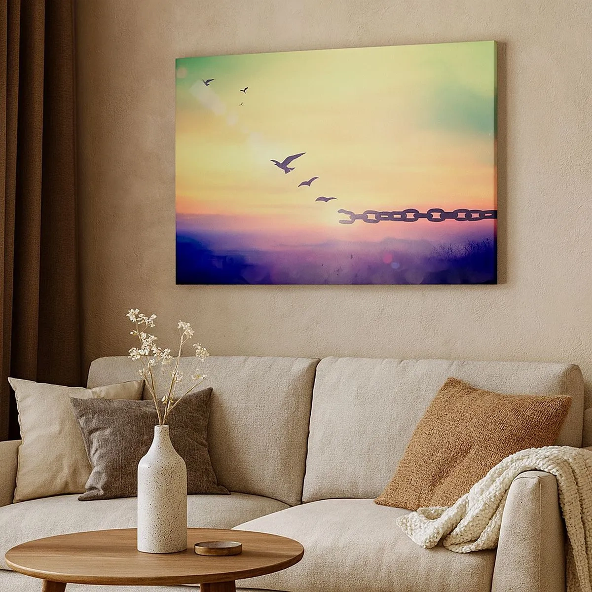 Tablou pe pânză Canvas - Simbol al libertății cu păsări și un lanț rupt - 70x50cm - Victoria libertății - Decorațiune modernă pentru perete pentru living și dormitor ARTTOR