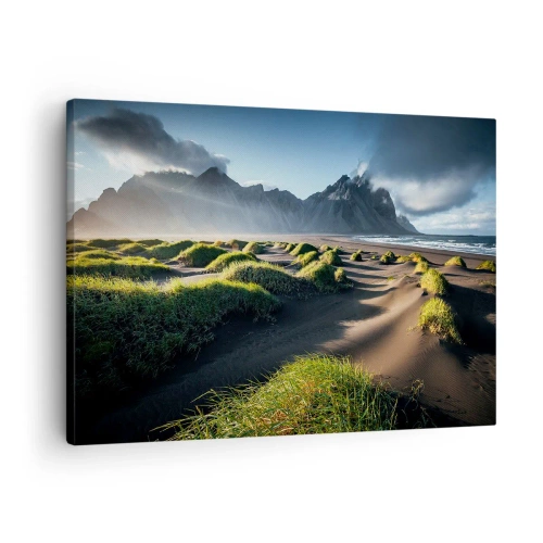 Tablou pe pânză Canvas - Dune verzi cu fundal muntos sub un cer albastru - 70x50cm - Armonia elementelor - Decorațiune modernă pentru perete pentru living și dormitor ARTTOR