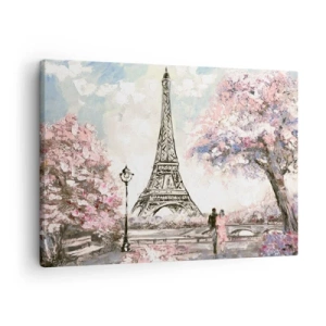 Tablou pe pânză Canvas - Turnul Eiffel înconjurat de copaci înfloriți - 70x50cm - Plimbare în aprilie la Paris - Decorațiune modernă pentru perete pentru living și dormitor ARTTOR