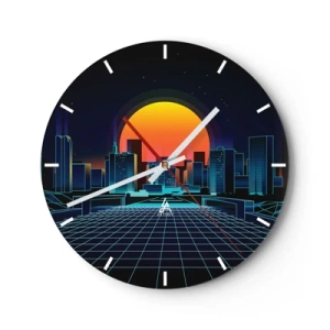 Ceas de perete - Ceas pe sticlă - peisaj urban retro-futurist cu lumini neon și apus de soare - 30x30cm - Încă mai vrei să ajungi la lumea reală? - Decorațiune modernă pentru perete pentru living, bucătărie și dormitor ARTTOR