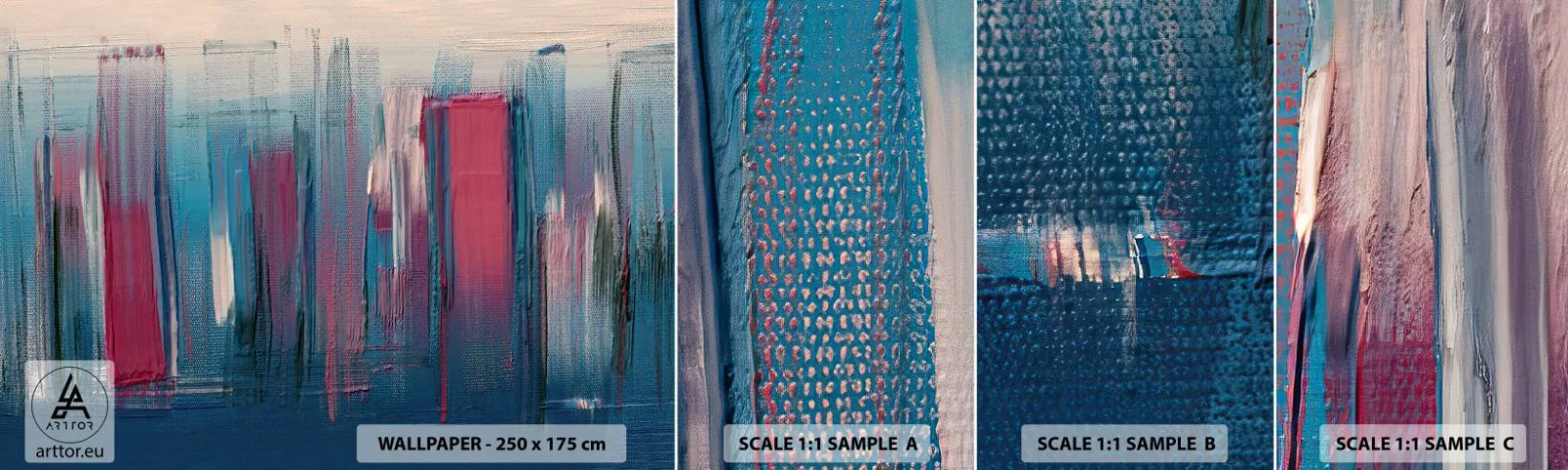 Mostră de Tapet Standard Eco - Compoziție verticală în albastru și roșu - Bucată, Abstracția, A picta - 100x30 cm