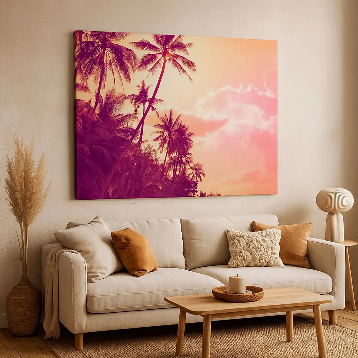 Tablou pe pânză Canvas - Palmieri iluminați de apusul soarelui pe un cer tropical - 70x50cm - Trebuie să alegeți - Decorațiune modernă pentru perete pentru living și dormitor ARTTOR