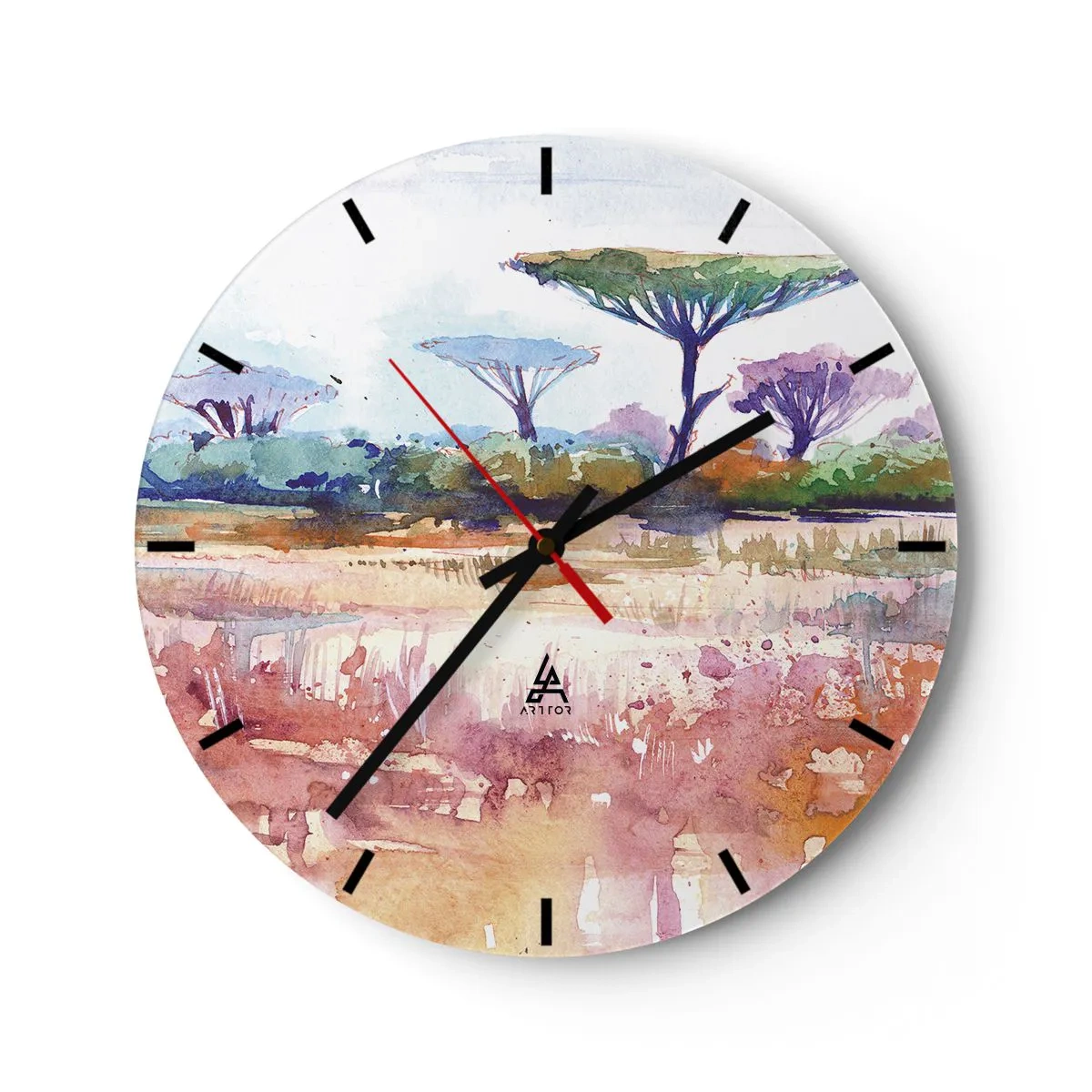 Ceas de perete - Ceas pe sticlă - Un peisaj de savană în acuarelă cu copaci caracteristici - 30x30cm - Culorile savanei - Decorațiune modernă pentru perete pentru living, bucătărie și dormitor ARTTOR