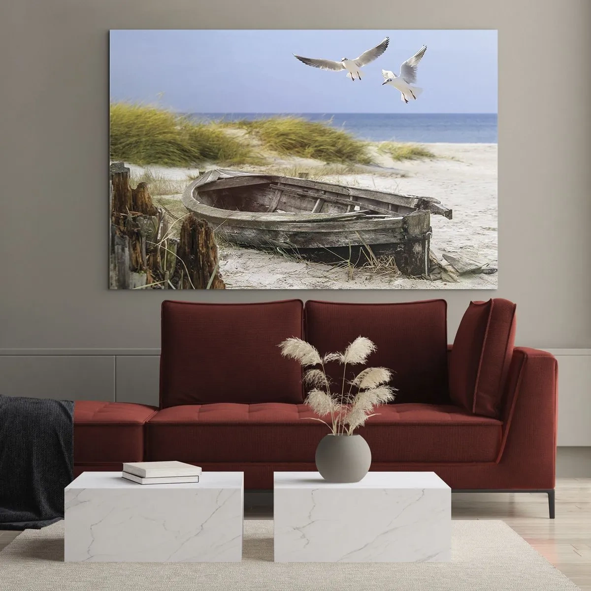 Tablou pe sticlă - Barcă de lemn pe plajă cu pescăruși în zbor - 70x50cm - Scăldate în vânt - Decorațiune modernă pentru perete pentru living și dormitor ARTTOR