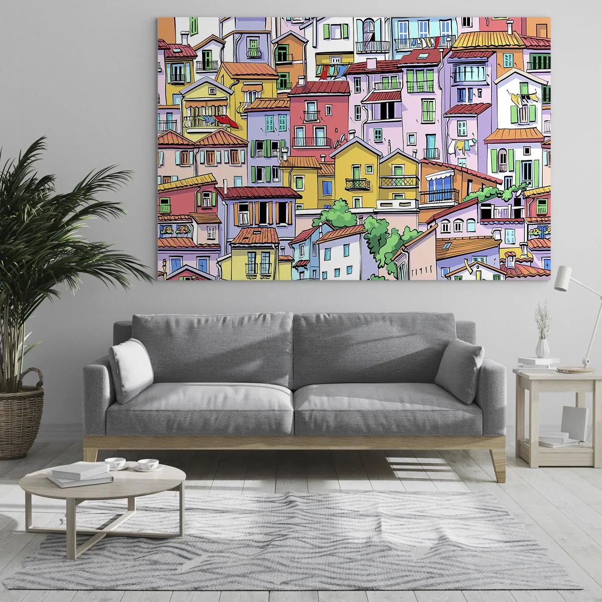 Tablou pe sticlă - Case de locuit colorate în stil desen animat, pline de detalii - 70x50cm - Oraș vesel - Decorațiune modernă pentru perete pentru living și dormitor ARTTOR