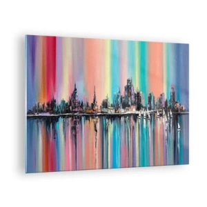 Tablou pe sticlă - Panoramă abstractă a orașului cu un fundal multicolor - 70x50cm - Strălucește cu lumina nopții - Decorațiune modernă pentru perete pentru living și dormitor ARTTOR