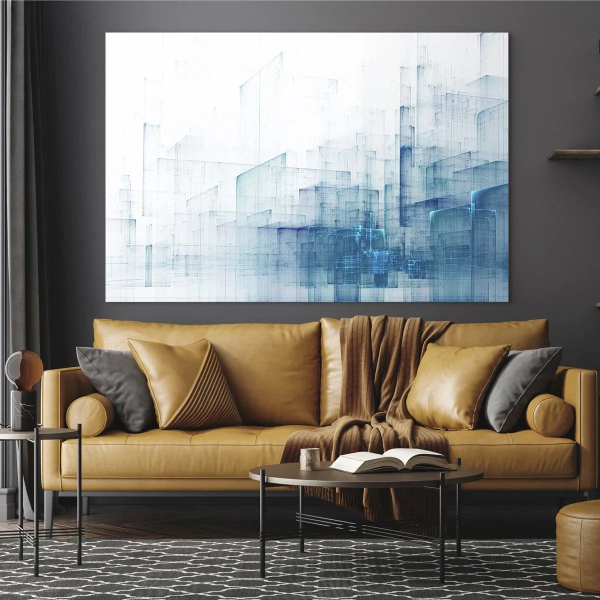 Tablou pe sticlă - Compoziție geometrică abstractă în nuanțe de albastru - 70x50cm - Cum a apărut spațiul - Decorațiune modernă pentru perete pentru living și dormitor ARTTOR