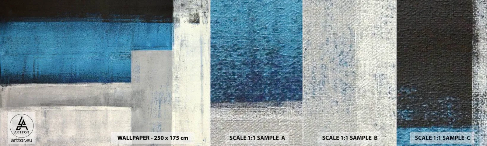 Mostră tapet Premium Canvas - Compoziție poetică de gri și albastru - Abstracția, Bucată, Pictura - 100x30 cm