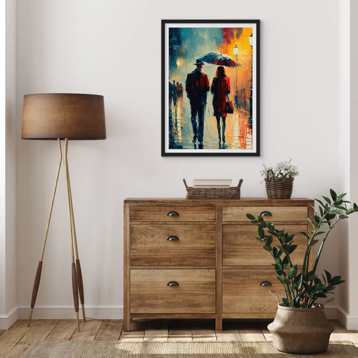 Poster în ramă neagră - Cuplu romantic sub o umbrelă în ploaie - 50x70cm - Poveste de dragoste urbană - Decorațiune modernă pentru perete pentru living și dormitor ARTTOR