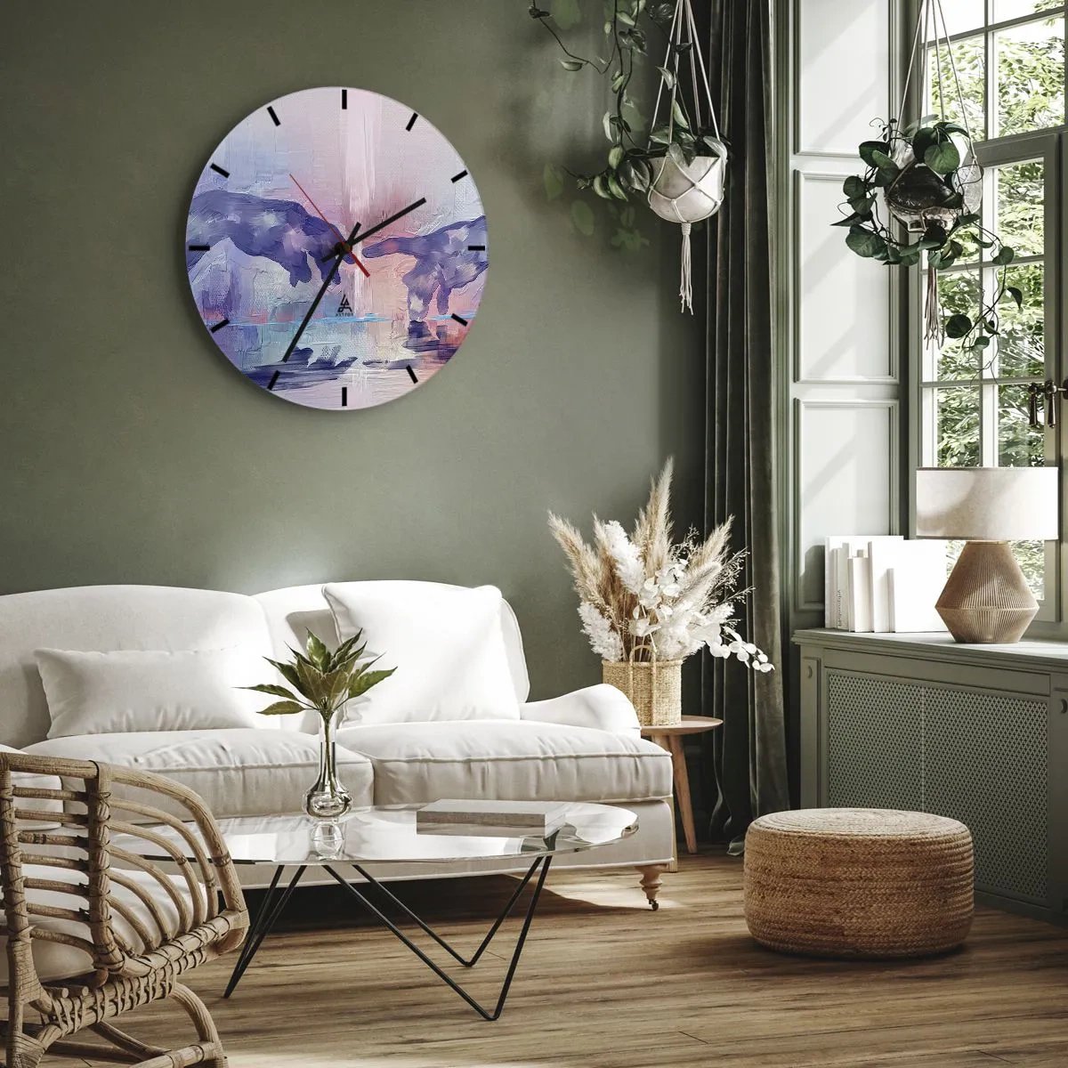 Ceas de perete - Ceas pe sticlă - Două mâini în abstracție pastelată inspirată de artă - 30x30cm - Scânteia divină a vieții - Decorațiune modernă pentru perete pentru living, bucătărie și dormitor ARTTOR