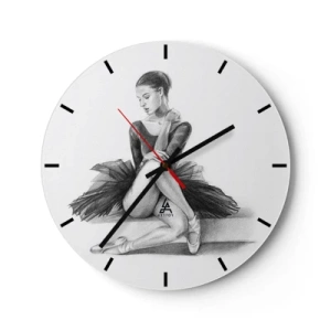 Ceas de perete - Ceas pe sticlă - Schiță a unei balerine într-o poză clasică - 30x30cm - Încântată de dans - Decorațiune modernă pentru perete pentru living, bucătărie și dormitor ARTTOR