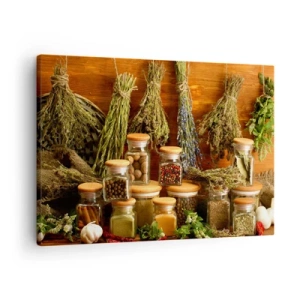 Tablou pe pânză Canvas - Ierburi și condimente în borcane pe un fundal rustic - 70x50cm - Vrăjitorie de bucătărie - Decorațiune modernă pentru perete pentru living și dormitor ARTTOR