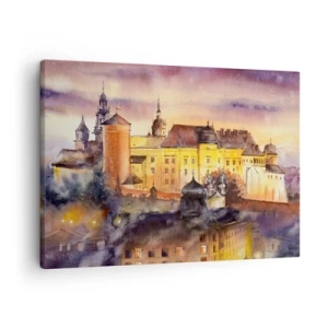 Tablou pe pânză Canvas - pictură pitorească în acuarelă a unui castel la apus - 70x50cm - Poveste și basm - Decorațiune modernă pentru perete pentru living și dormitor ARTTOR