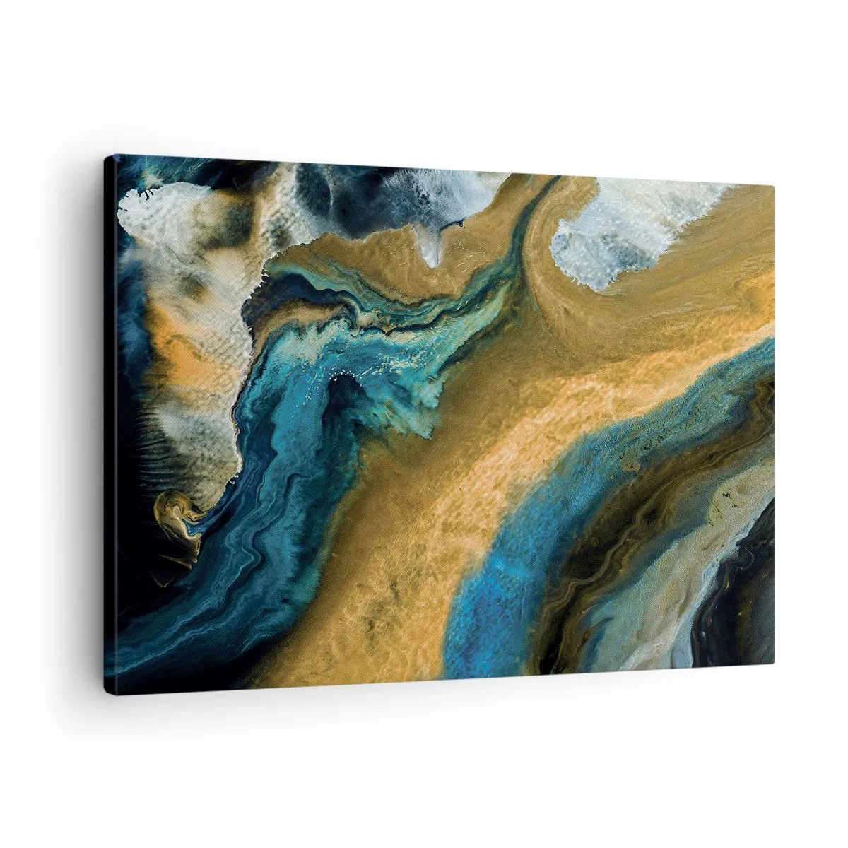 Tablou pe pânză Canvas - Valuri abstracte în nuanțe de auriu și albastru - 70x50cm - Albastru - galben - influență reciprocă - Decorațiune modernă pentru perete pentru living și dormitor ARTTOR