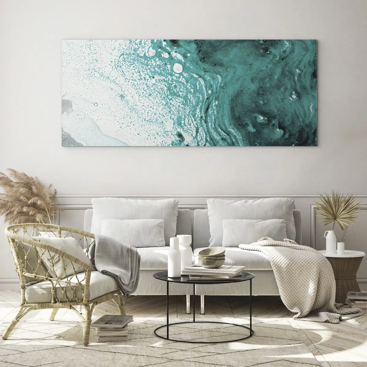 Tablou pe sticlă - Dizolvându-se în alb și turcoaz - 160x50 cm