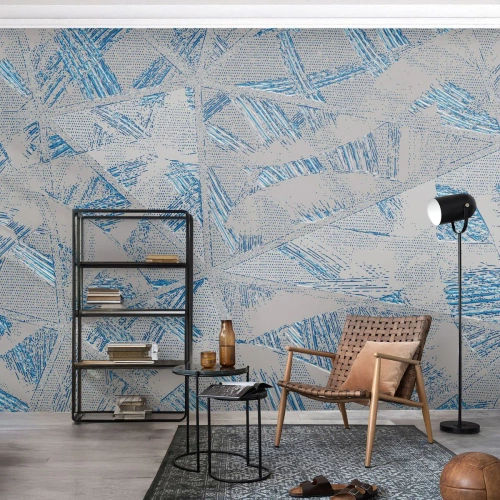 Tapet Standard Eco - Model geometric în nuanțe de gri și albastru - 100x70cm - Într-un labirint de gri-albastru - Decorațiune modernă pentru perete pentru living și dormitor ARTTOR