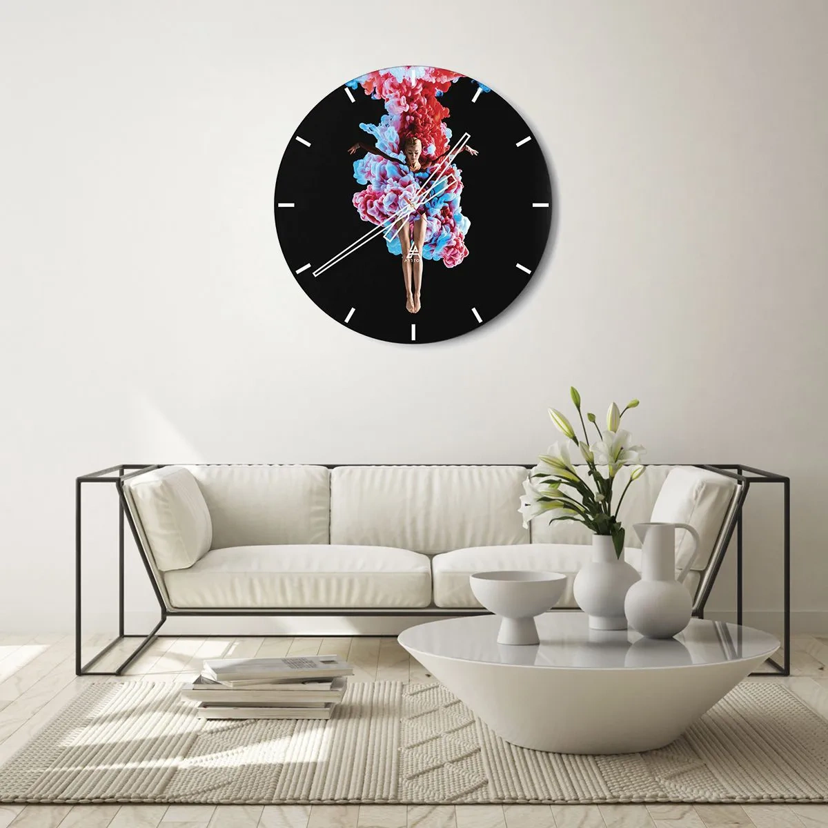 Ceas de perete - Ceas pe sticlă - Un dansator înconjurat de fum colorat pe un fundal negru - 30x30cm - În plină înflorire - Decorațiune modernă pentru perete pentru living, bucătărie și dormitor ARTTOR