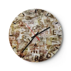 Ceas de perete - Ceas pe sticlă - Compoziție abstractă cu litere în nuanțe de bej și maro - 30x30cm - Îi unesc pe cei care stau la taclale - Decorațiune modernă pentru perete pentru living, bucătărie și dormitor ARTTOR