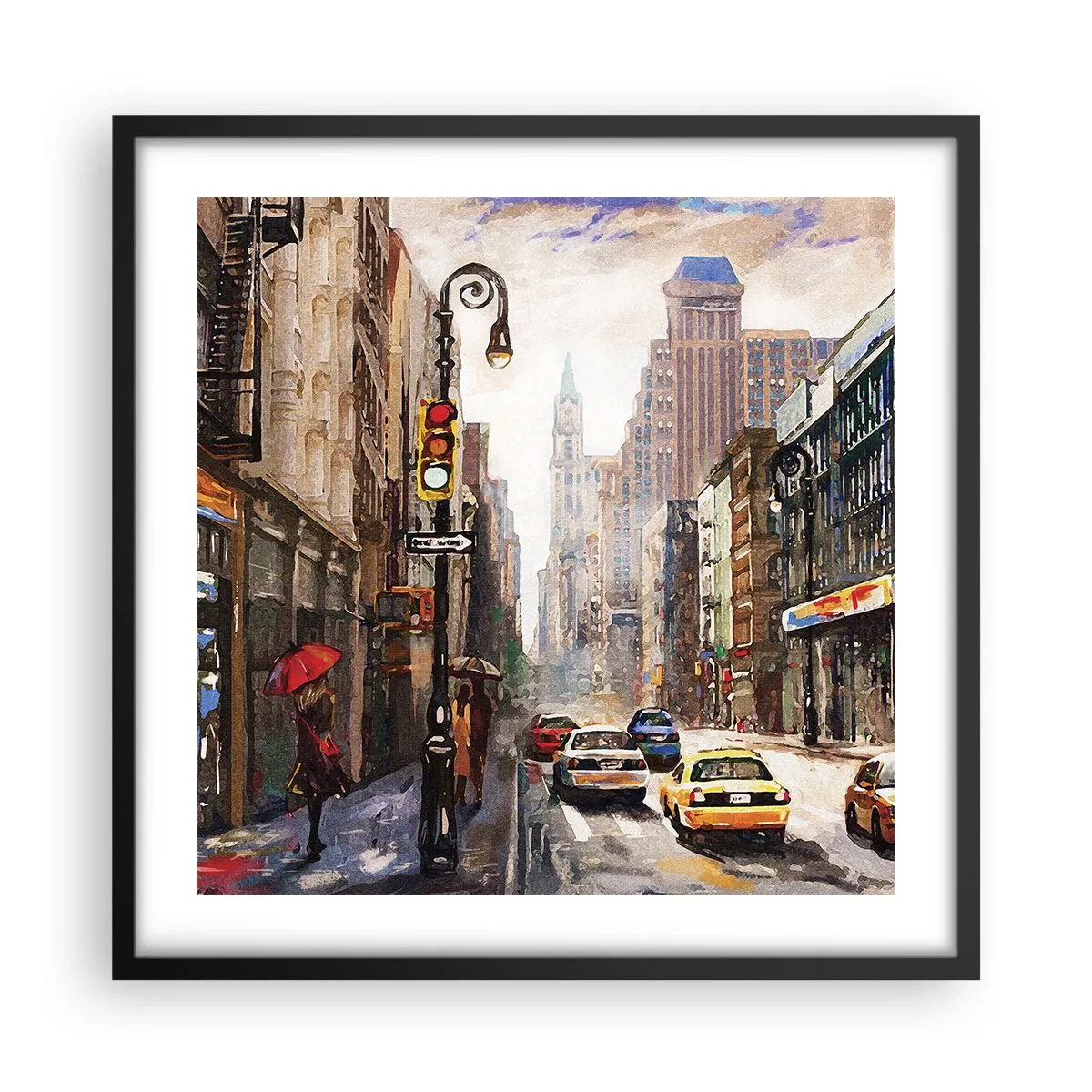 Poster în ramă neagră - New York - plin de culoare și în ploaie - 50x50 cm