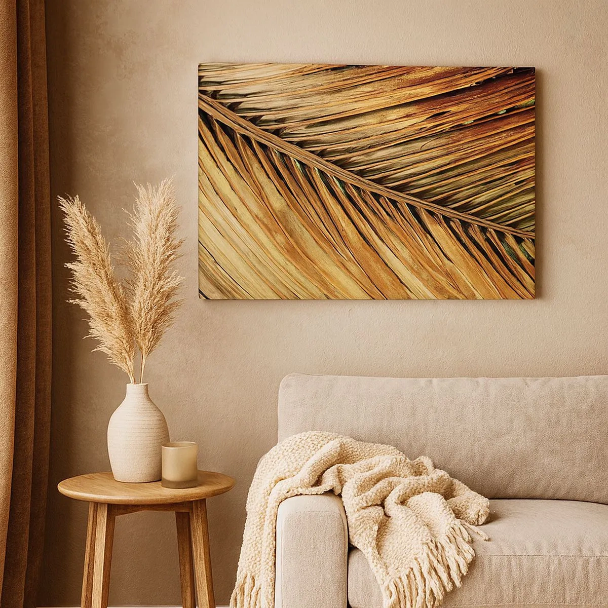 Tablou pe pânză Canvas - Prim-plan al unei frunze de palmier uscate în tonuri calde - 70x50cm - Aur de nucă de cocos - Decorațiune modernă pentru perete pentru living și dormitor ARTTOR