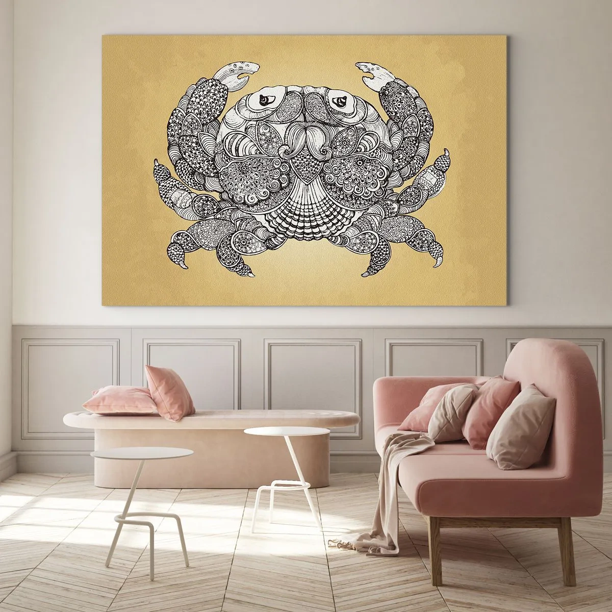 Tablou pe sticlă - Desen stilizat al unui crab cu ornamente pe un fundal galben - 70x50cm - Poveștile Domnului Crab - Decorațiune modernă pentru perete pentru living și dormitor ARTTOR