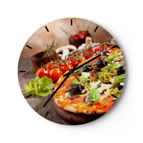 Ceas de perete - Ceas pe sticlă - Pizza cu măsline și ierburi proaspete - 30x30cm - Din ingredient teluric - Decorațiune modernă pentru perete pentru living, bucătărie și dormitor ARTTOR