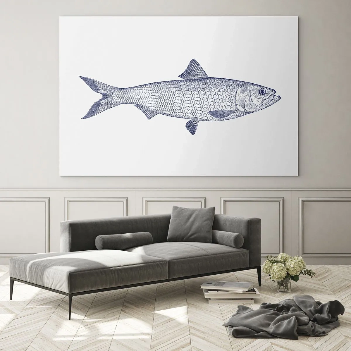 Tablou pe sticlă - Schiță de pește în stil vintage pe un fundal deschis - 70x50cm - Salutări din mările nordice - Decorațiune modernă pentru perete pentru living și dormitor ARTTOR