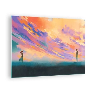 Tablou pe sticlă - Două persoane pe fundalul unui cer colorat la apus - 70x50cm - Puterea de atracție - Decorațiune modernă pentru perete pentru living și dormitor ARTTOR