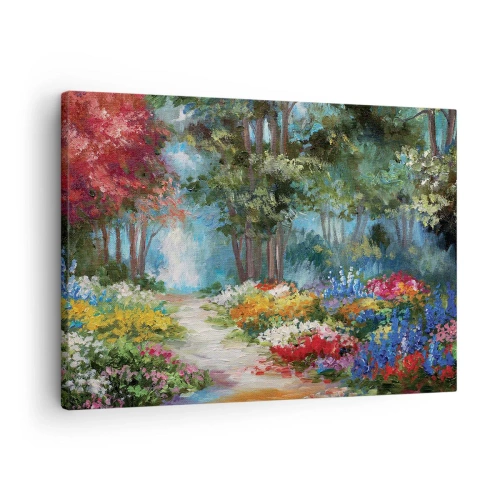Tablou pe pânză Canvas - O grădină pitorească plină de flori și copaci colorati într-un cadru forestier - 70x50cm - Grădină de pădure, pădure de flori - Decorațiune modernă pentru perete pentru living și dormitor ARTTOR