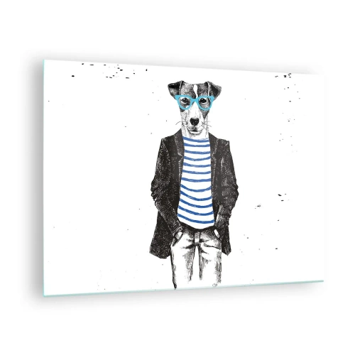 Tablou pe sticlă - Ilustrație a unui câine purtând o cămașă de marinar și ochelari pe un fundal alb - 70x50cm - Câinele în dungi - Decorațiune modernă pentru perete pentru living și dormitor ARTTOR