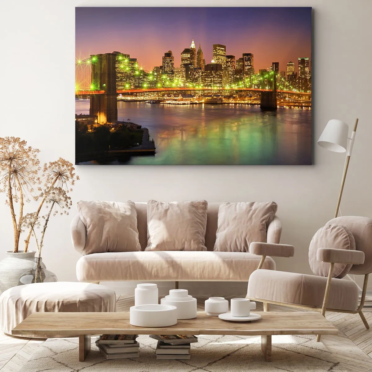 Tablou pe pânză Canvas - Pod iluminat într-un oraș modern noaptea - 70x50cm - Lumina nu se stinge niciodată aici - Decorațiune modernă pentru perete pentru living și dormitor ARTTOR