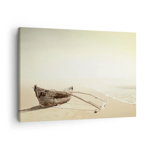 Tablou pe pânză Canvas - Barcă de pescuit veche pe o plajă cu nisip - 70x50cm - O amintire din Mările Sudului - Decorațiune modernă pentru perete pentru living și dormitor ARTTOR