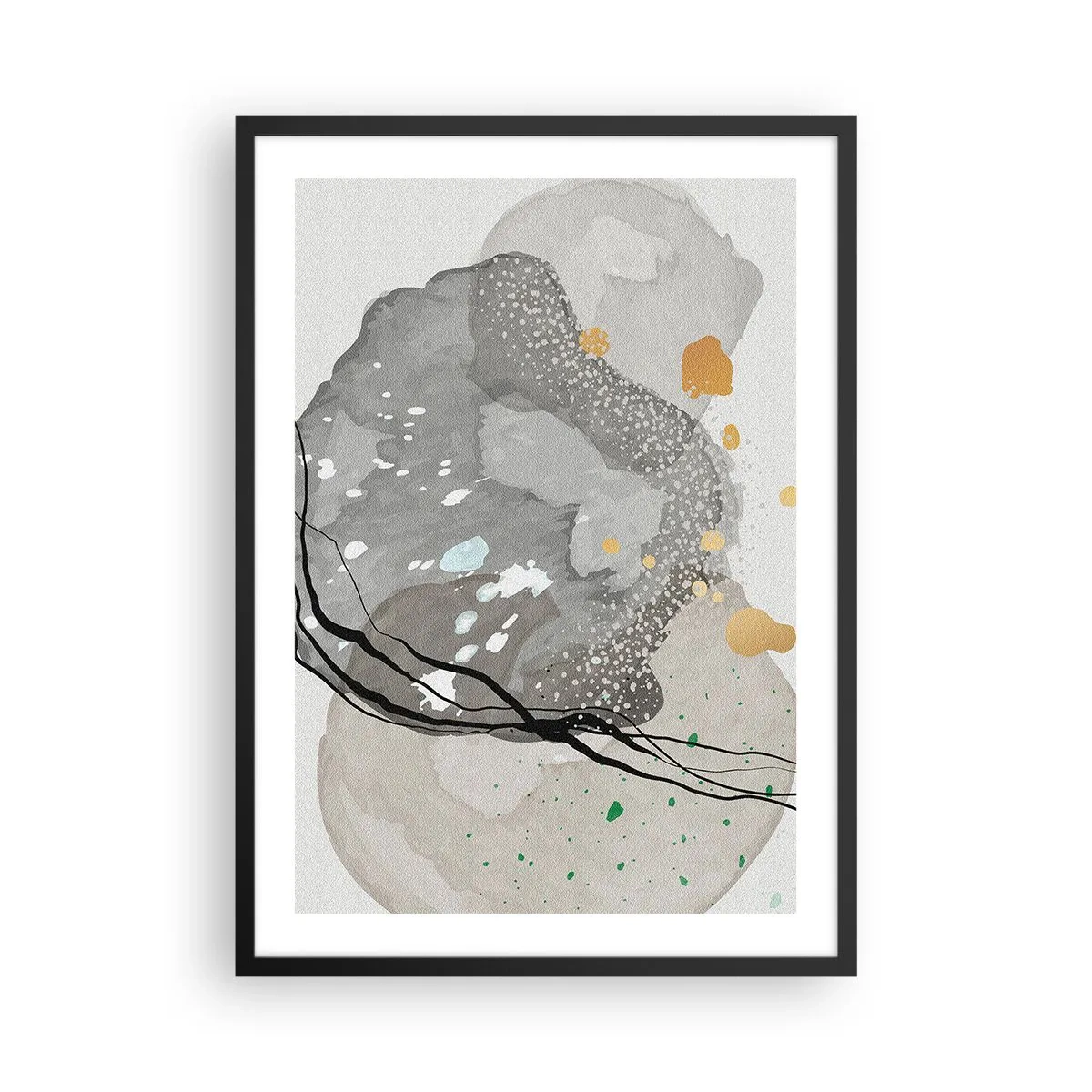 Poster în ramă neagră - O compoziție de forme organice în nuanțe de gri și auriu. - 50x70cm - Compoziție organică - Decorațiune modernă pentru perete pentru living și dormitor ARTTOR
