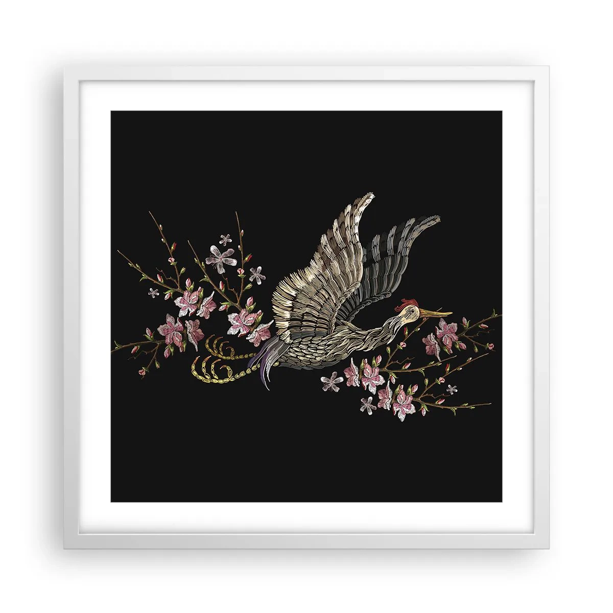 Poster în ramă albă - Pasăre exotică brodată - 50x50 cm