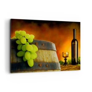 Tablou pe pânză - Natură moartă cu o sticlă de vin și un ciorchine de struguri - 100x70 cm