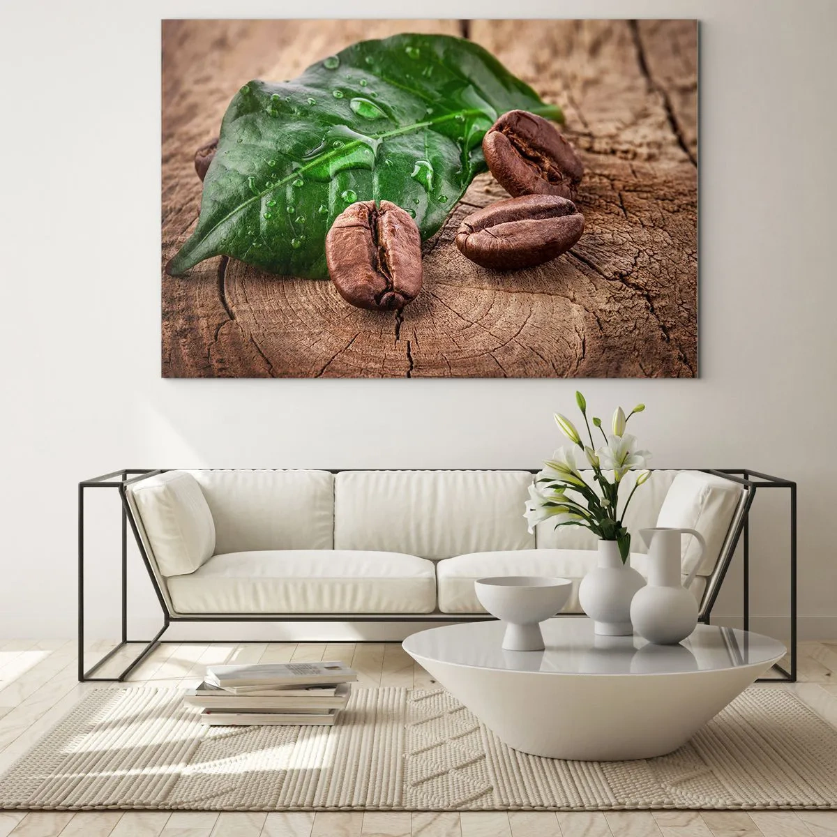 Tablou pe sticlă - Boabe de cafea pe un fundal de frunză și lemn - 70x50cm - Cea mai adevărată și închisă la culoare - Decorațiune modernă pentru perete pentru living și dormitor ARTTOR