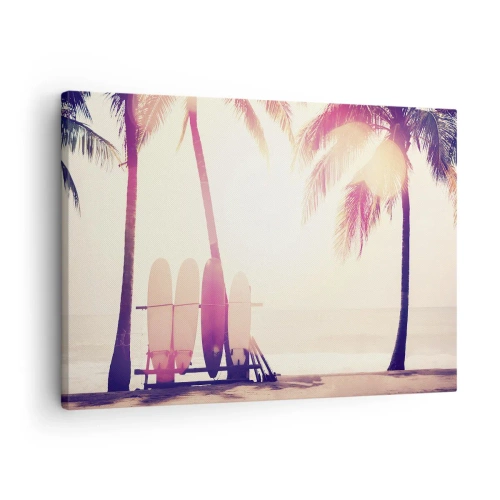 Tablou pe pânză Canvas - Palmieri și plăci de surf pe plajă, la soare - 70x50cm - Va fi o zi minunată - Decorațiune modernă pentru perete pentru living și dormitor ARTTOR