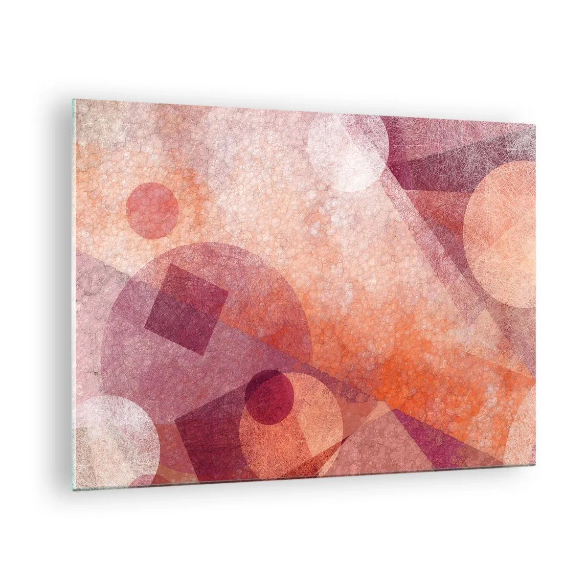 Tablou pe sticlă - Compoziție geometrică abstractă în nuanțe de roz și portocaliu - 70x50cm - Transformări geometrice în roz - Decorațiune modernă pentru perete pentru living și dormitor ARTTOR