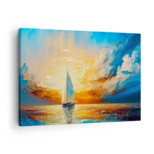 Tablou pe pânză Canvas - O barcă cu pânze pe fundalul apusului de soare și al norilor colorați - 70x50cm - Navigare prin aur - Decorațiune modernă pentru perete pentru living și dormitor ARTTOR