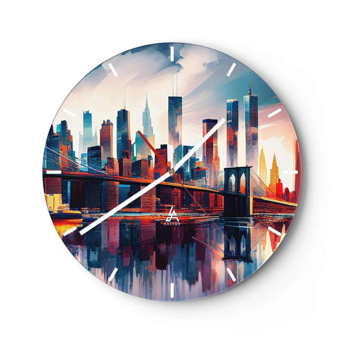 Ceas de perete - Ceas pe sticlă - Orizontul orașului New York cu pod și reflexie în apă la apus - 30x30cm - New York fenomenal - Decorațiune modernă pentru perete pentru living, bucătărie și dormitor ARTTOR