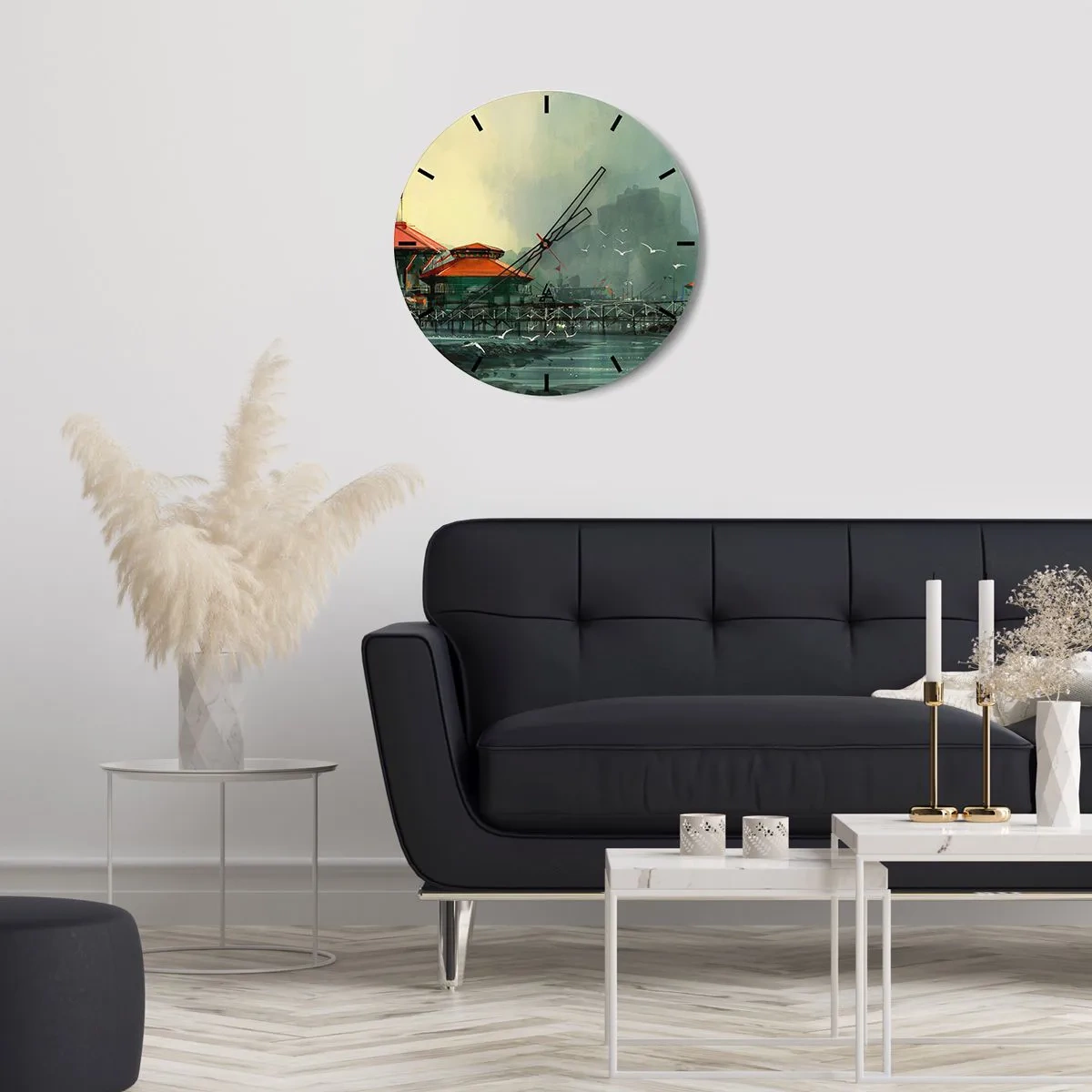 Ceas de perete - Ceas pe sticlă - O scenă portuară cu un dig și clădiri pe un cer înnorat - 30x30cm - O zi ploioasă în port - Decorațiune modernă pentru perete pentru living, bucătărie și dormitor ARTTOR