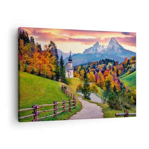 Tablou pe pânză Canvas - Peisaj montan de toamnă cu o capelă și apus de soare - 70x50cm - Un peisaj ca o pictură - Decorațiune modernă pentru perete pentru living și dormitor ARTTOR