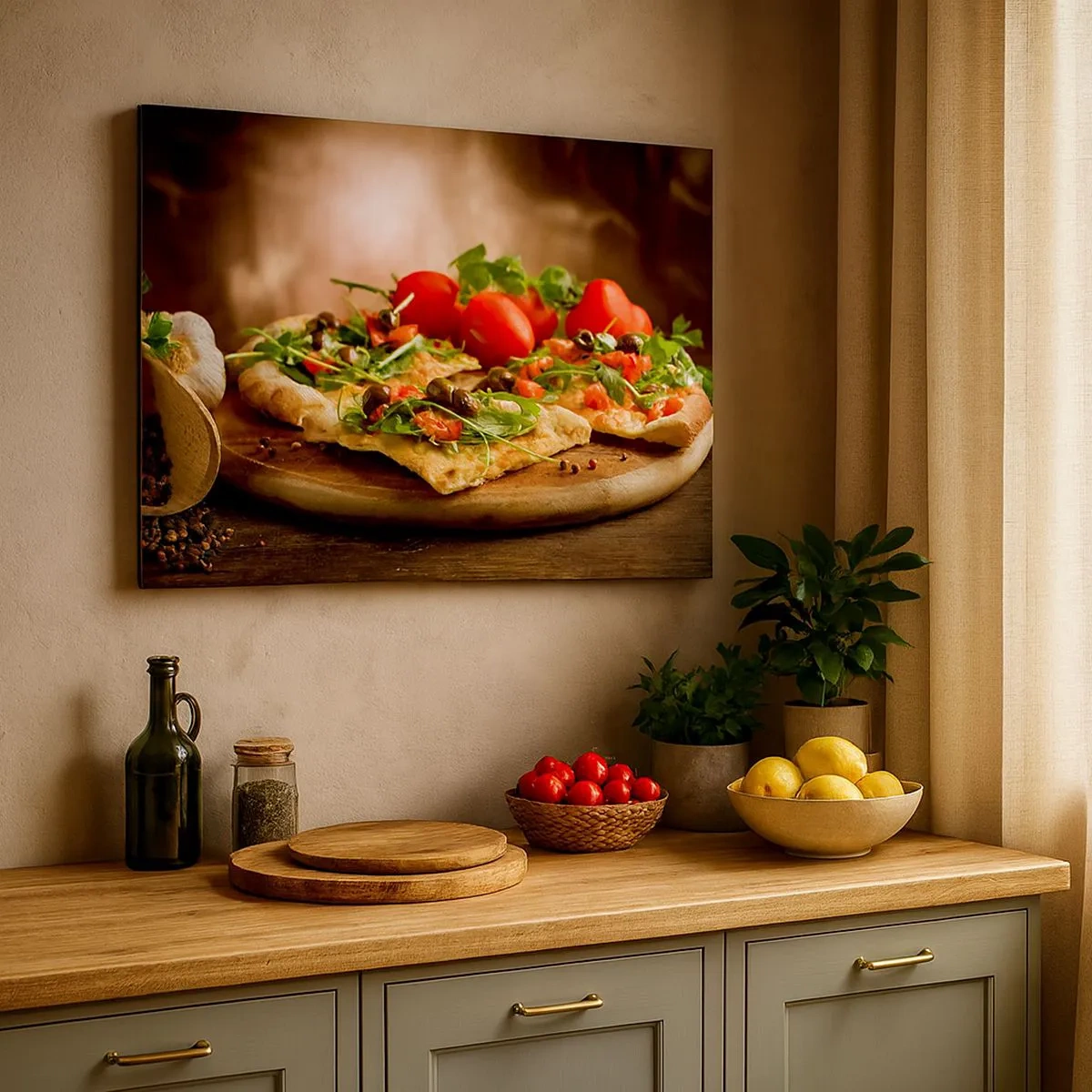 Tablou pe pânză Canvas - Pizza cu legume pe o placă de lemn în stil rustic - 70x50cm - Direct din cuptor și din grădină - Decorațiune modernă pentru perete pentru living și dormitor ARTTOR