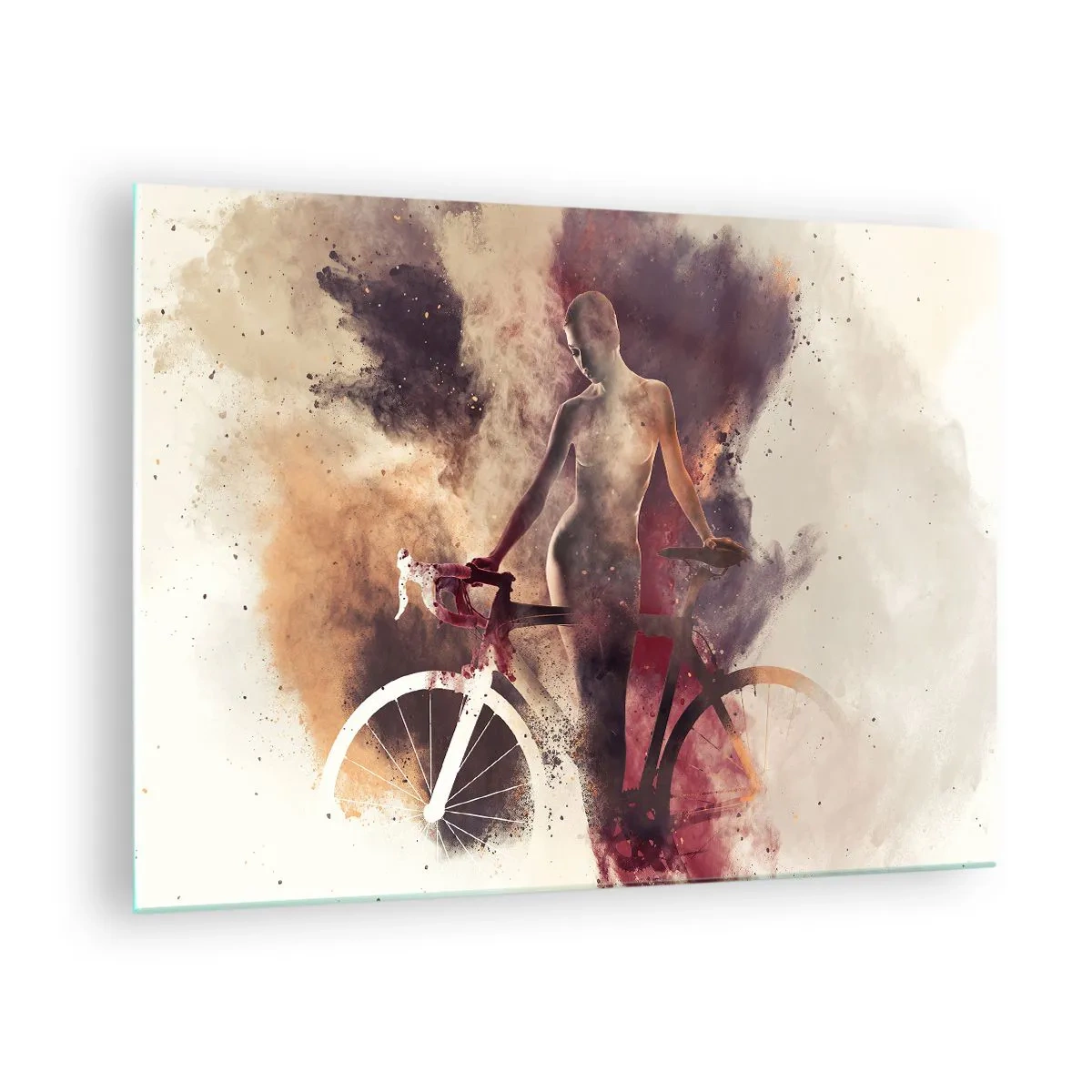 Tablou pe sticlă - Silueta unei biciclete într-un nor artistic de culori - 70x50cm - În forme de marmură sufletul ciclist - Decorațiune modernă pentru perete pentru living și dormitor ARTTOR