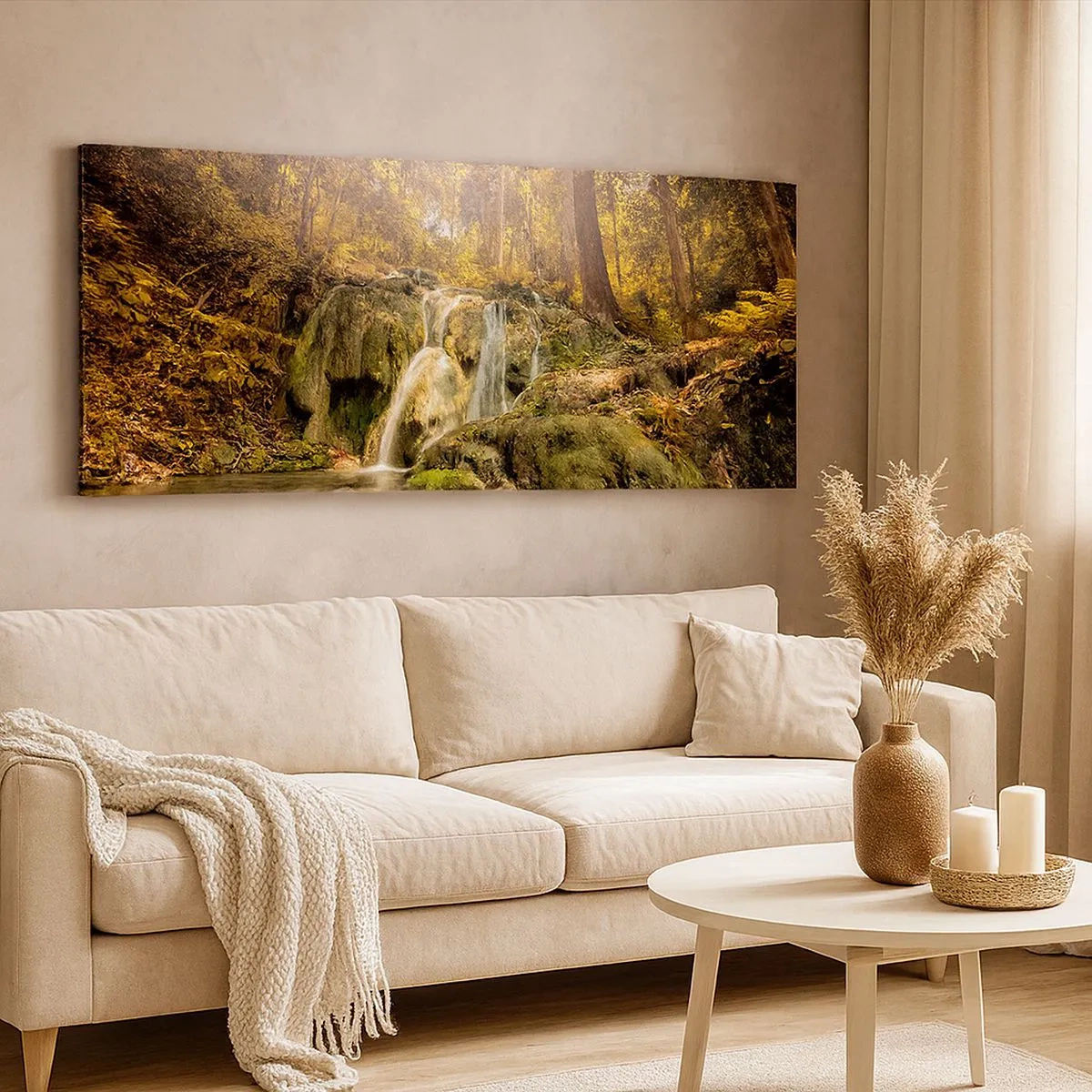 Tablou pe pânză - Cascada de pădure în verde - 100x40 cm