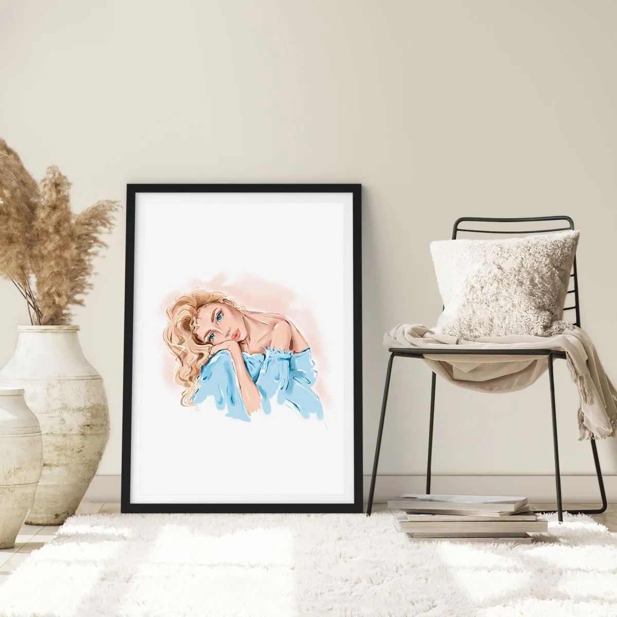Poster în ramă neagră - Un portret subtil al unei femei în culori delicate - 50x70cm - Scufundată în vis albastru - Decorațiune modernă pentru perete pentru living și dormitor ARTTOR