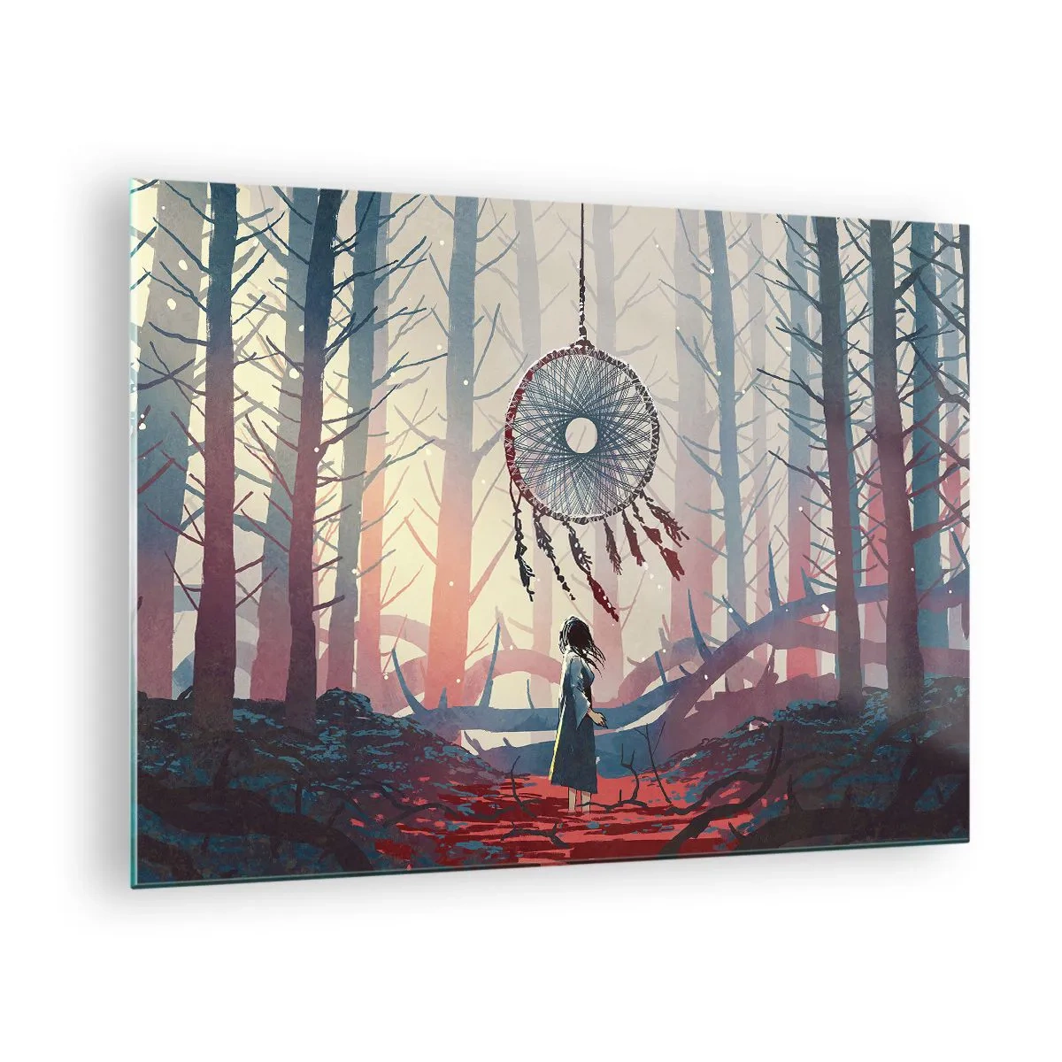 Tablou pe sticlă - O siluetă din pădure privește un captor de vise mare care plutește în aer. - 70x50cm - Ritualul secret al fericirii - Decorațiune modernă pentru perete pentru living și dormitor ARTTOR