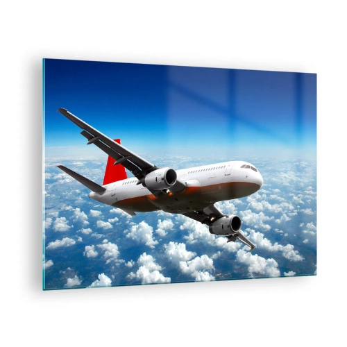 Tablou pe sticlă - Un avion de pasageri zburând deasupra norilor pe un cer albastru - 70x50cm - Evadare din viața de zi cu zi - Decorațiune modernă pentru perete pentru living și dormitor ARTTOR