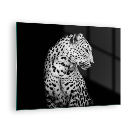 Tablou pe sticlă - Un leopard în lumină alb-negru pe o fereastră - 70x50cm - Profilul drept perfect! - Decorațiune modernă pentru perete pentru living și dormitor ARTTOR