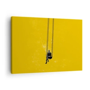 Tablou pe pânză Canvas - O persoană pe un leagăn pe un fundal galben intens - 70x50cm - O zi ca oricare alta - Decorațiune modernă pentru perete pentru living și dormitor ARTTOR